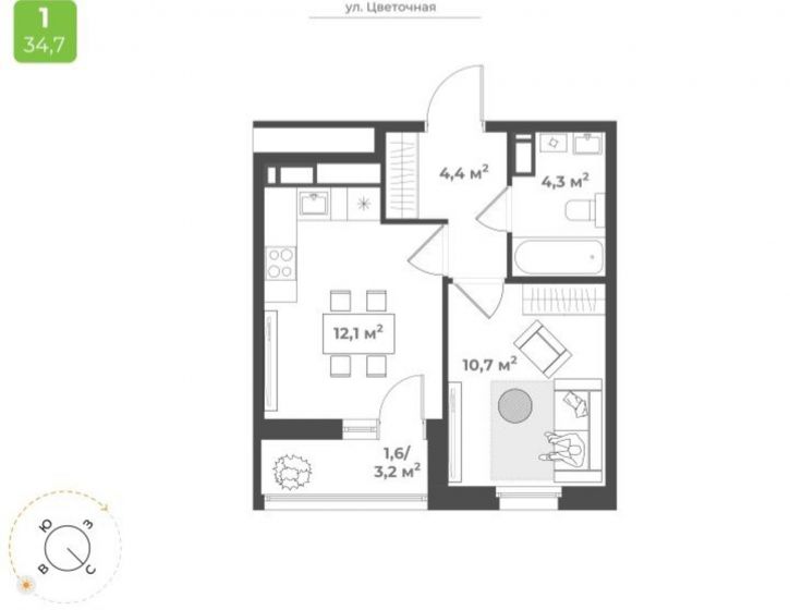 1-комн квартира в новом доме Цветочная ул