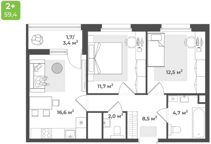 2-комн квартира Красина 2-я ул, 64