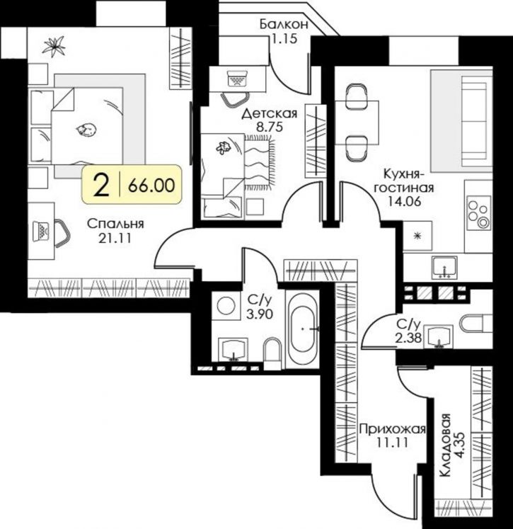 2-комн квартира в новом доме Коминтерна ул, 95К