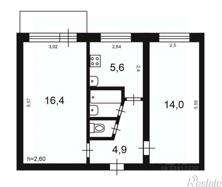 2-комн квартира ул Ерофеева, 12,  д. 12