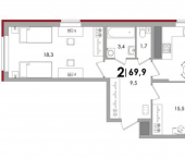 2-комн, 70 кв м, этаж 7/15 ул Псковская, 3